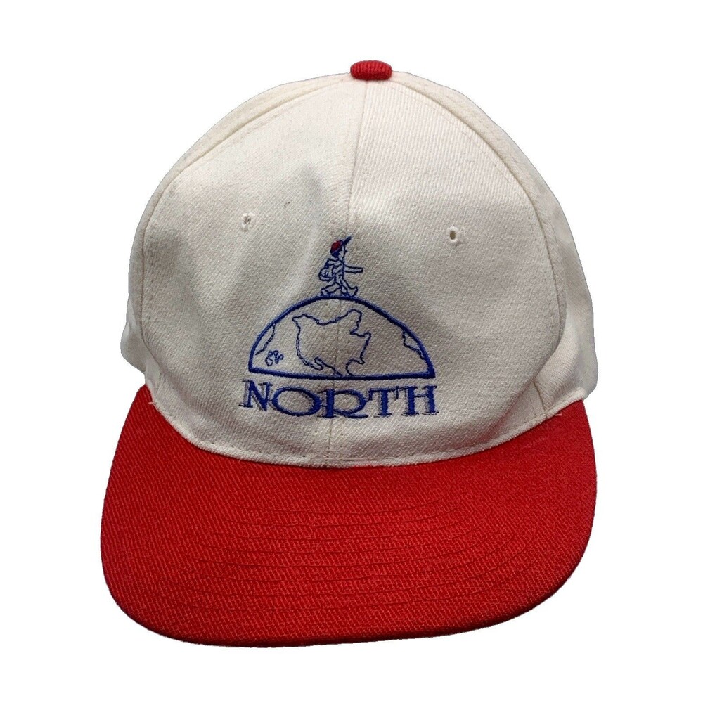 Vintage Nissin Cap North Globe Earth Mascot Snapback Hat Off White Red Brim 80s